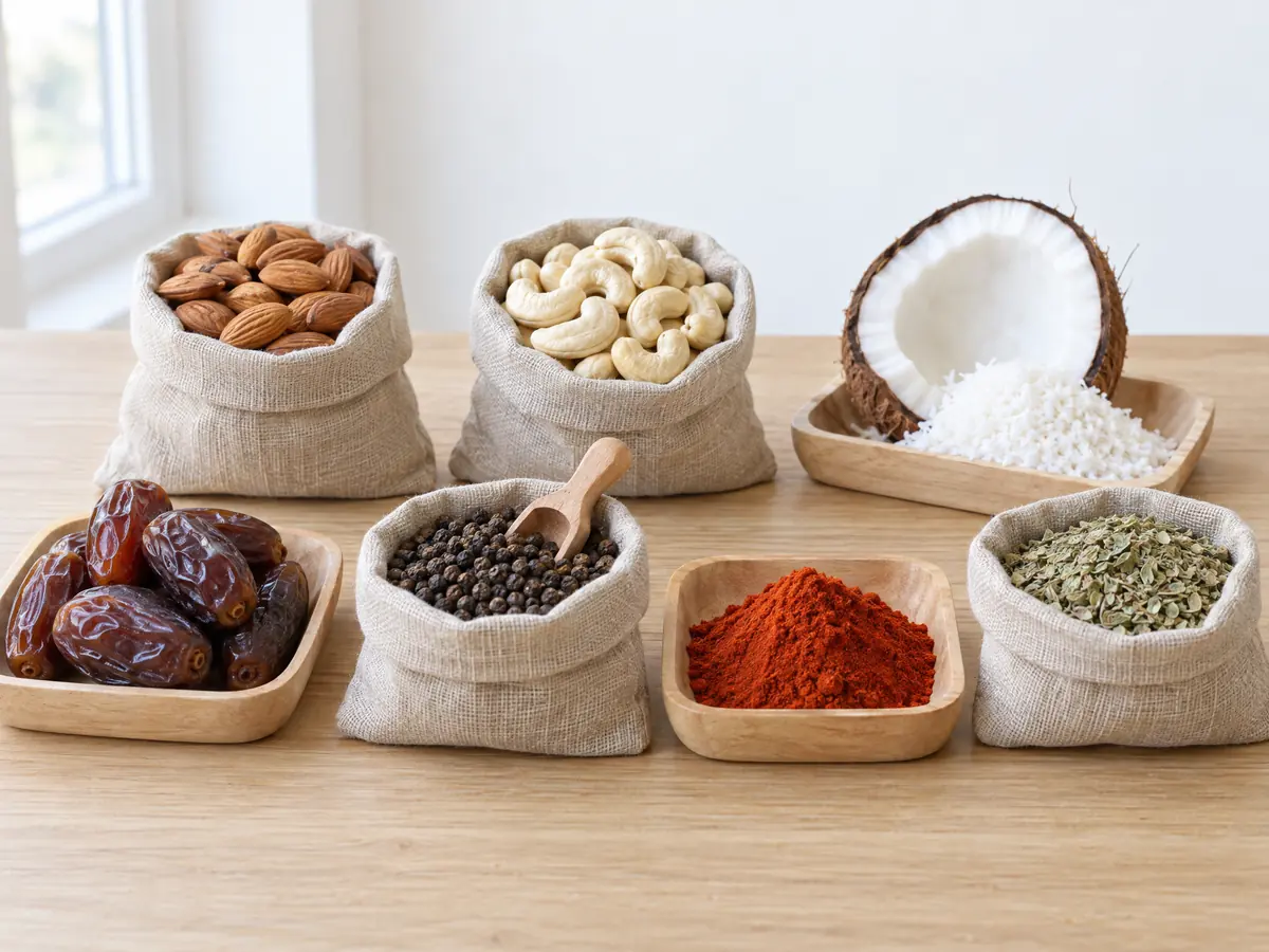 Almonds, cashew nuts, coconut, dates, black pepper, paprika and oregano in linen sacks and wooden trays